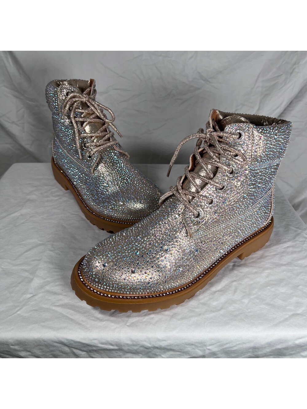 Bella Marie Hazel-2 Champagne Rhinestone Lace-Up Combat Boots Size 8